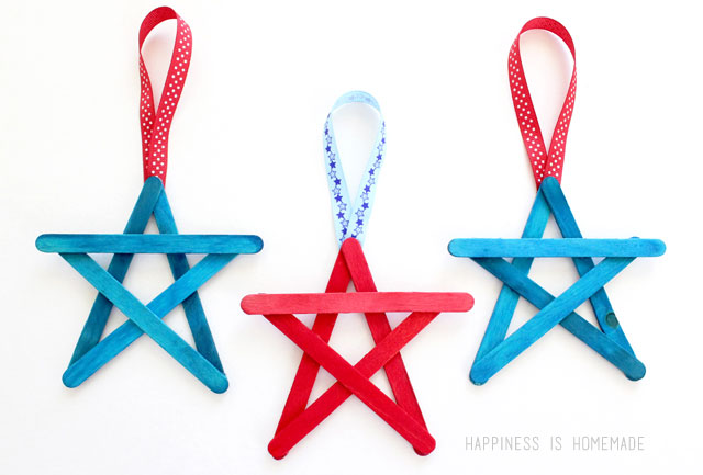 Stars made from popsicle sticks painted red and blue for 4th of July 