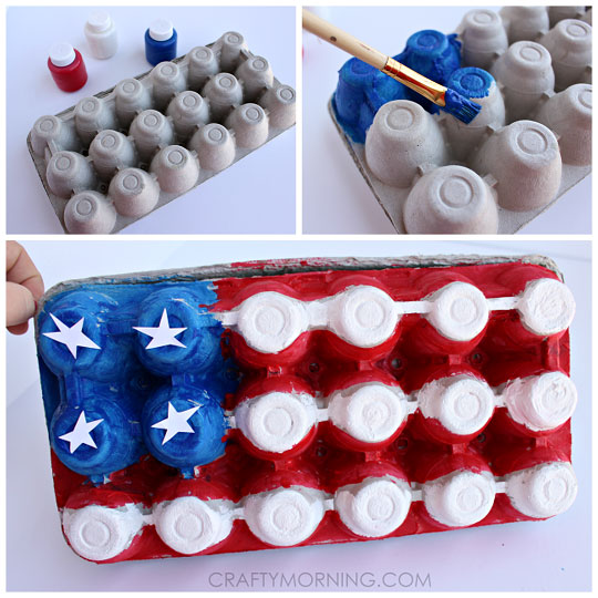Painting the bottom of an egg carton to look like a flag
