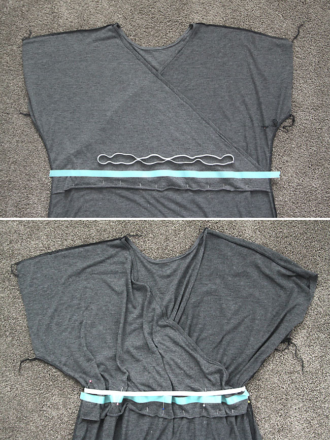 Inside out maxi dress with waistline marked; elastic loop pinned over waistline