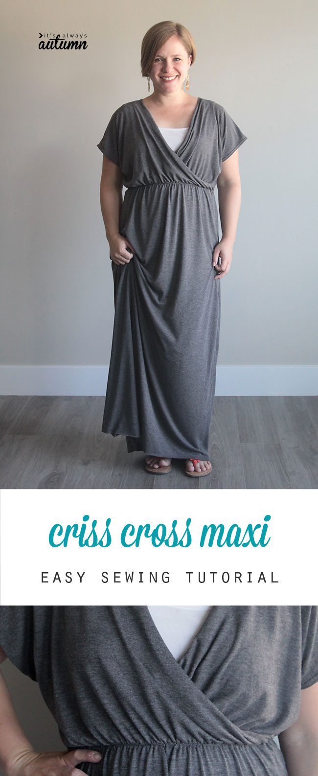 A person standing posing for the camera, wearing a grey maxi dress with a criss cross bodice
