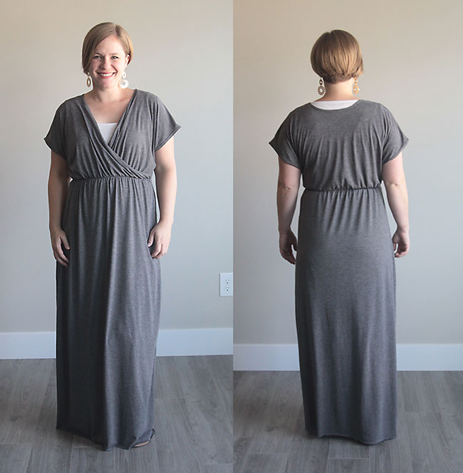 A woman in a maxi dress from the front and back
