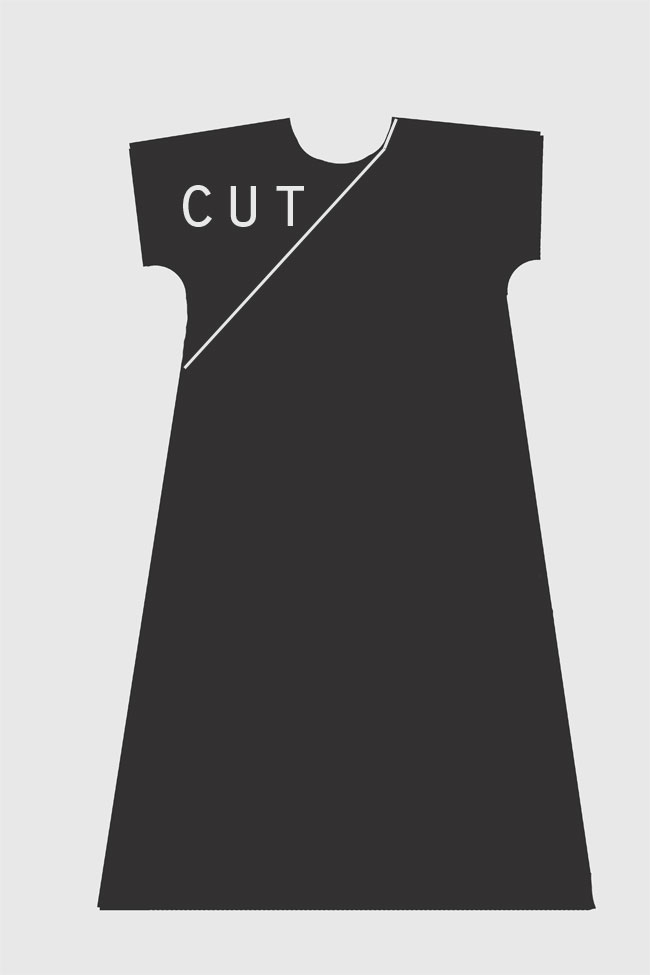 Maxi dress pattern piece cut diagonally from waist to shoulder