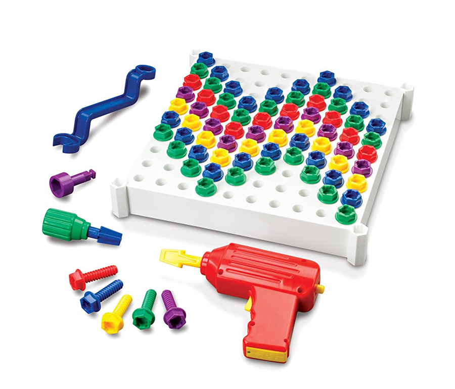 A colorful drill toy with toy screws