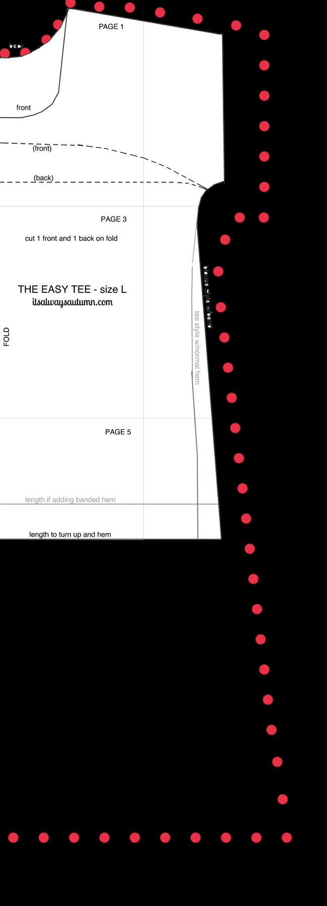 the easy tee pattern laid out on fabric, with dots around showing how to extend it to dress length
