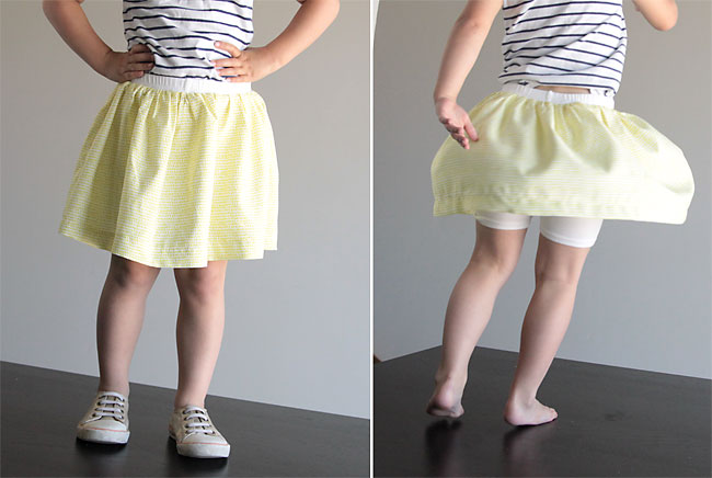 A girl wearing a gathered skirt that has shorts attached