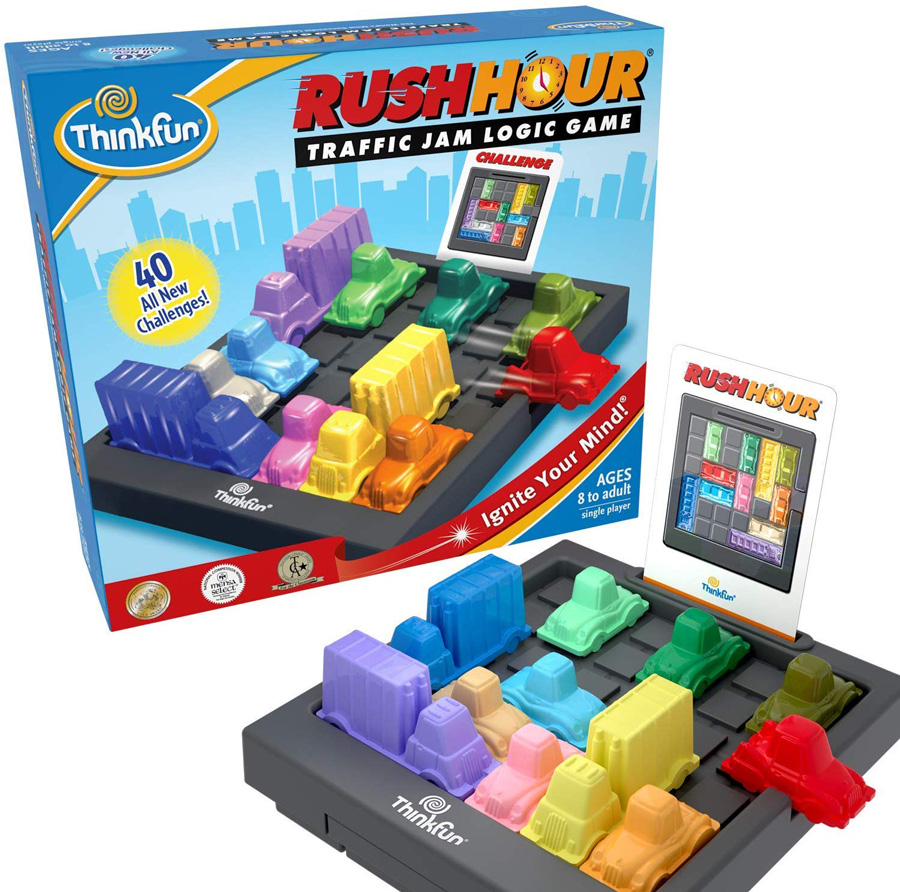 Photo of the Rush Hour game with small plastic cars that can be moved on a platform