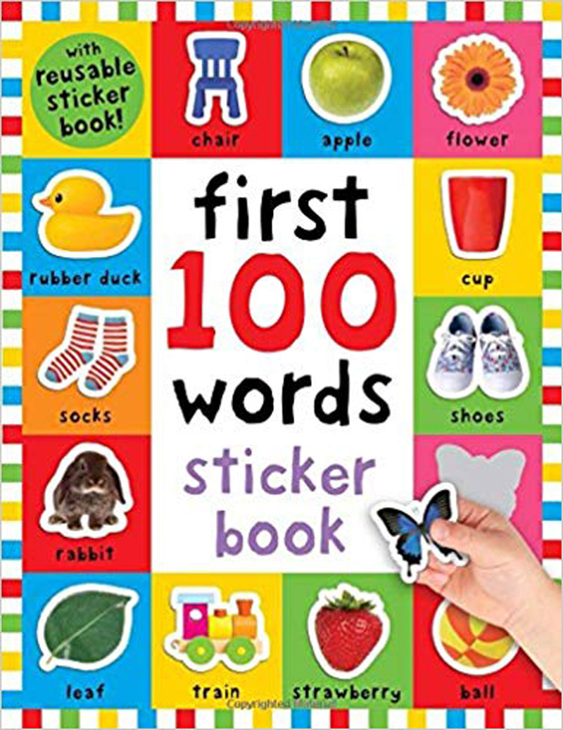 First 100 words sticker book with photos of baby items