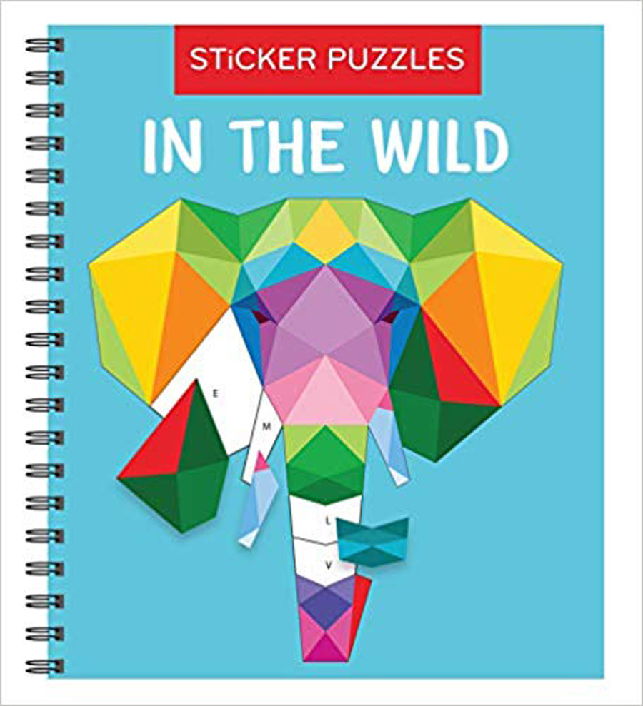 Sticker puzzles in the wild book with multicolored elephant made from stickers