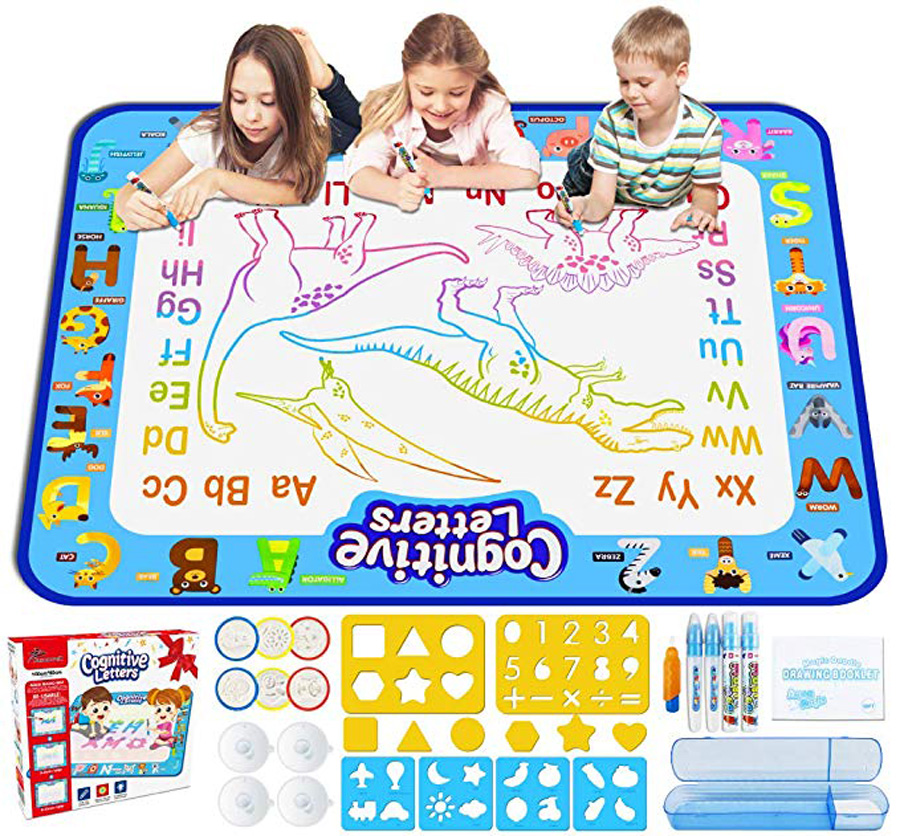 Children on a mat with letters and dinosaurs drawn on it