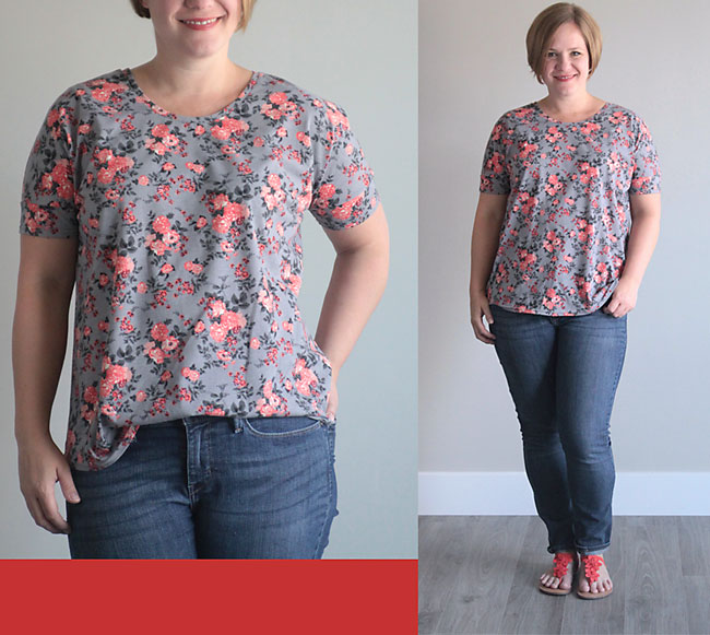 A woman wearing a t-shirt made from the breezy tee sewing pattern