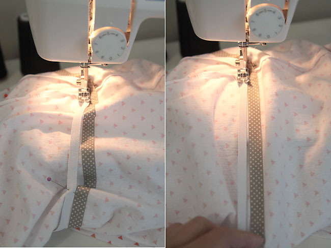 Sewing elastic into waistline on a sewing machine, elastic stretch to fit