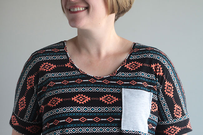 closeup of a pocket on a woman\'s t-shirt