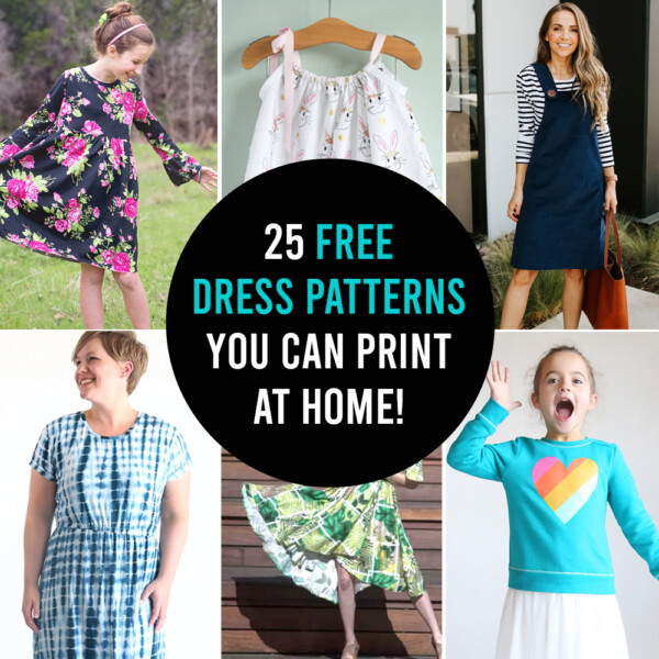 Collage of free dress patterns you can print at home