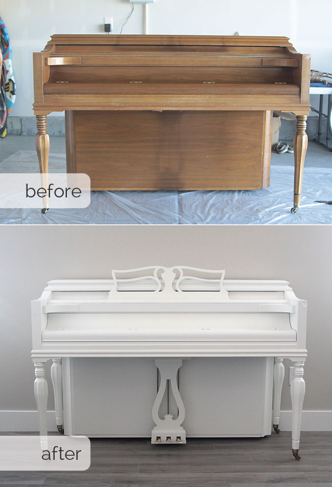 An old wood piano that\'s been painted white