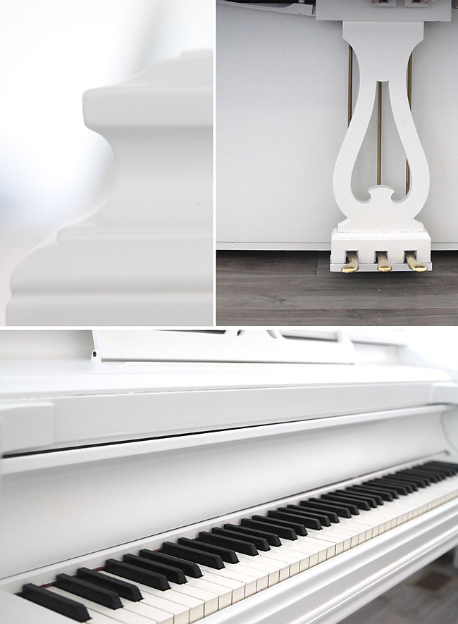 Close up shots of a piano painted white