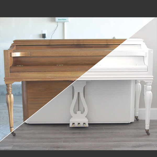 Before and after of wood piano getting painted white