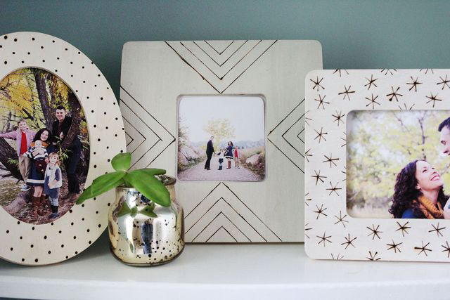 Unfinished wood photo frames with woodburned designs