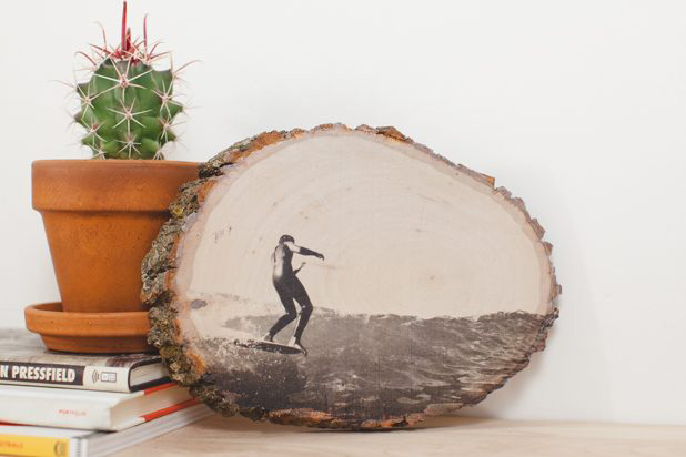 Wood slice photo transfer - picture of a surfer