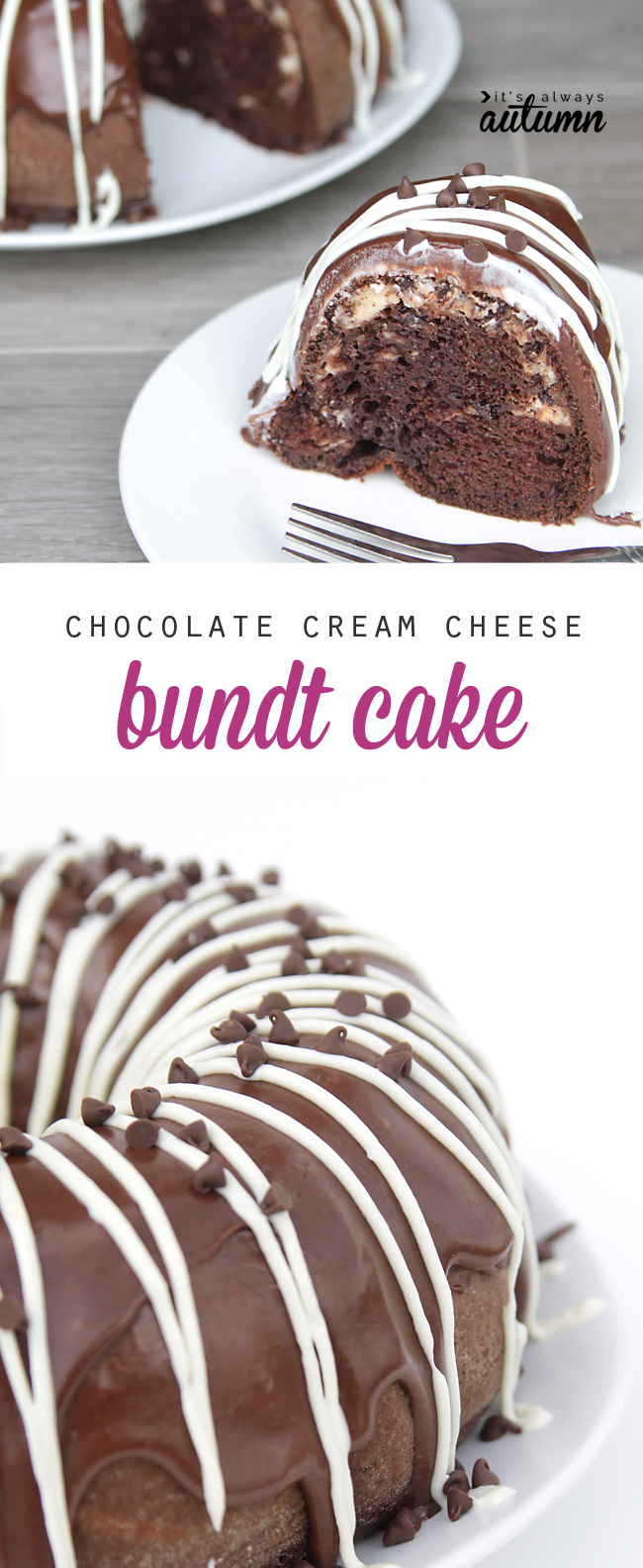 Chocolate cream cheese bundt cake with chocolate frosting and cream cheese frosting drizzle