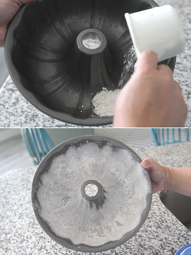 Greasing and flouring the inside of a bundt cake pan