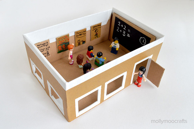 School room for lego minifigs made from a cardboard box