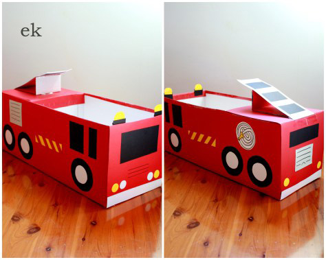 Fire engine made from a cardboard box