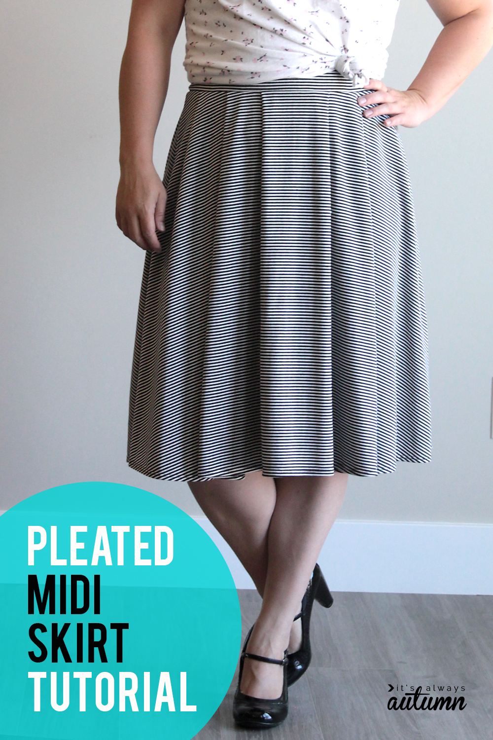 Woman wearing pleated midi length skirt