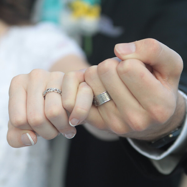 Closeup of bride and grooms hands and wedding rings