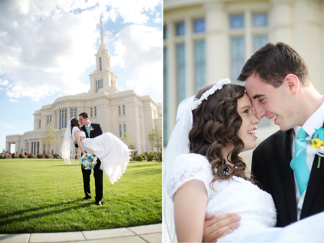 Groom holding bride with their heads together