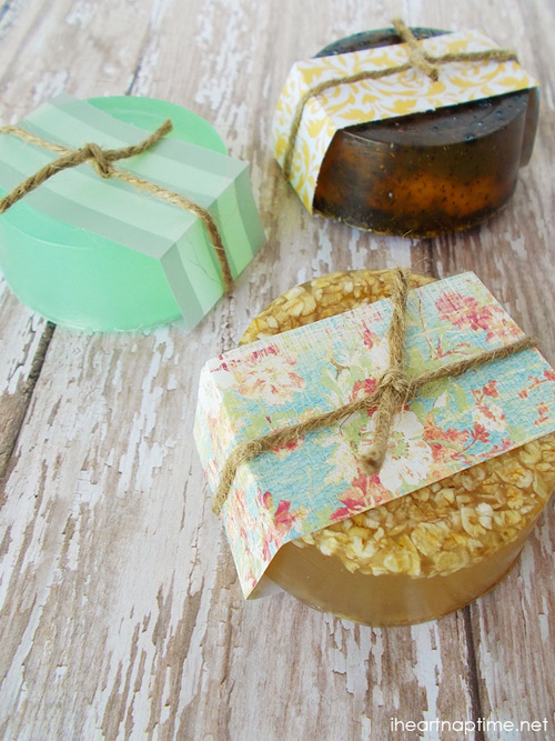Homemade soaps wrapped with pretty paper and twine