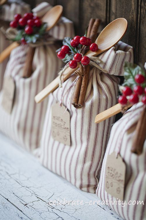 Cookie mixes in pretty fabric sacks, tied up with cinnamon sticks and berries to make a pretty DIY gift