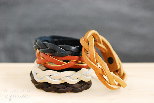 Braided leather bracelets in a stack