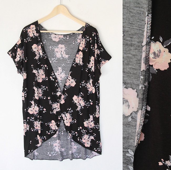 Floral kimono t-shirt on a hanger