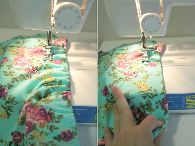 Sewing the skirt waistband on a sewing machine, stretching the waistband until it\'s flat