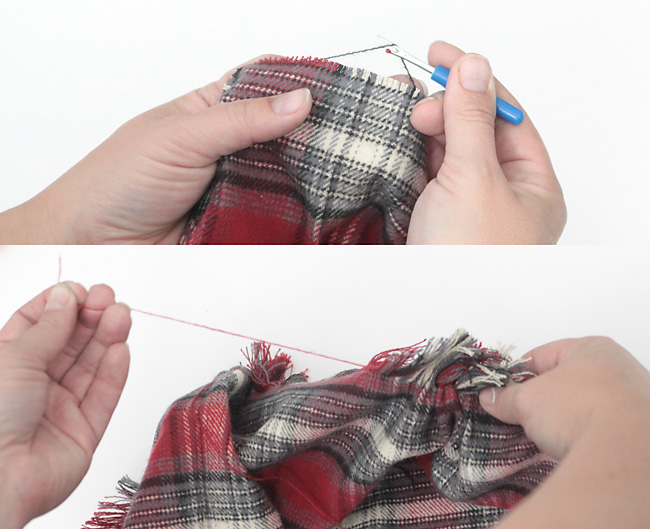 Using seam ripped to pull out threads on cut ends of flannel fabric