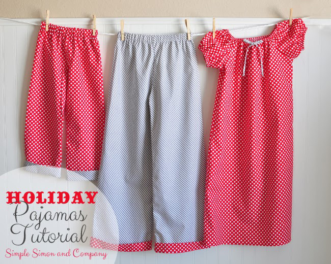 Holiday pajama pants and nightgown hanging on a clothesline