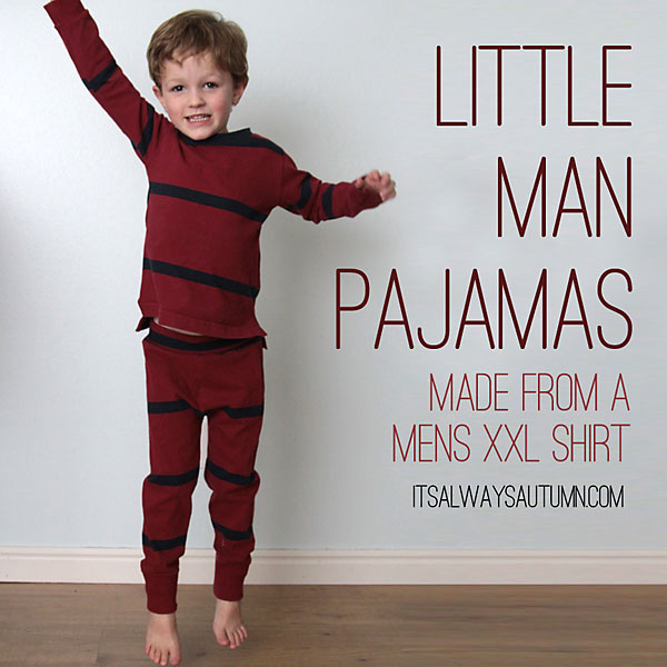 A little boy in pajamas made from a mens shirt