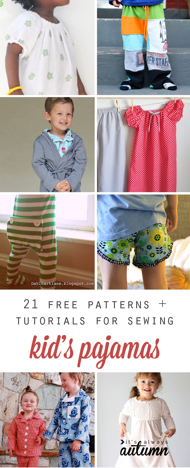 Collage of kids wearing pajamas made from free sewing patterns