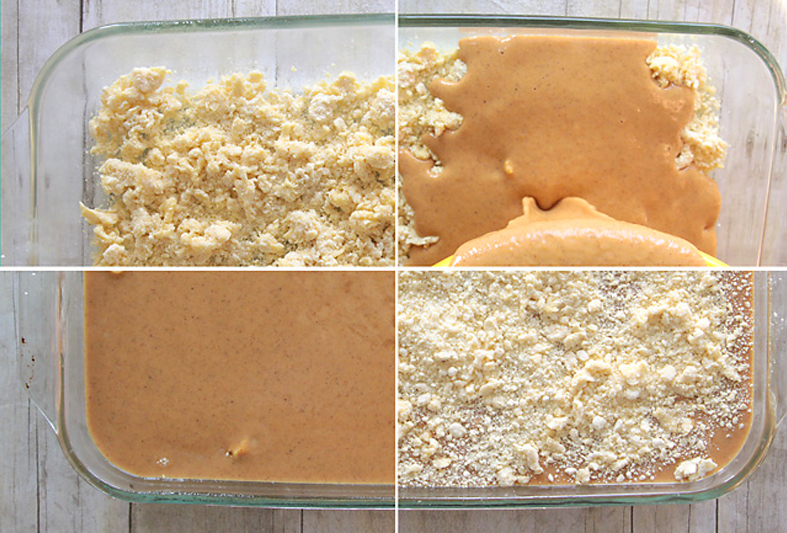 Layers needed to make pumpkin pie cake: cake crumbles on the bottom, topped with pumpkin pie mix, topped with remaining cake crumbles