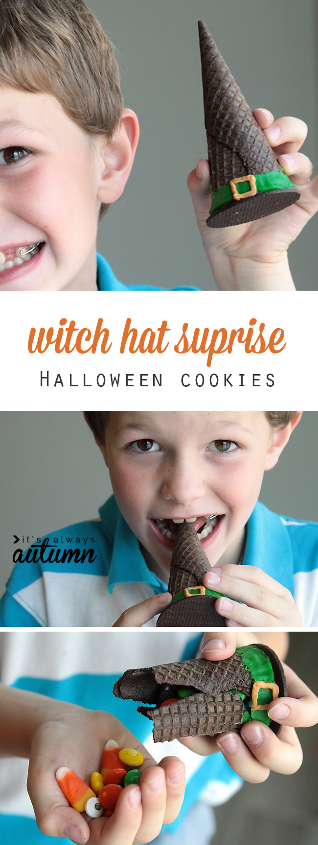 boy eating a cookie that looks like a witch hat