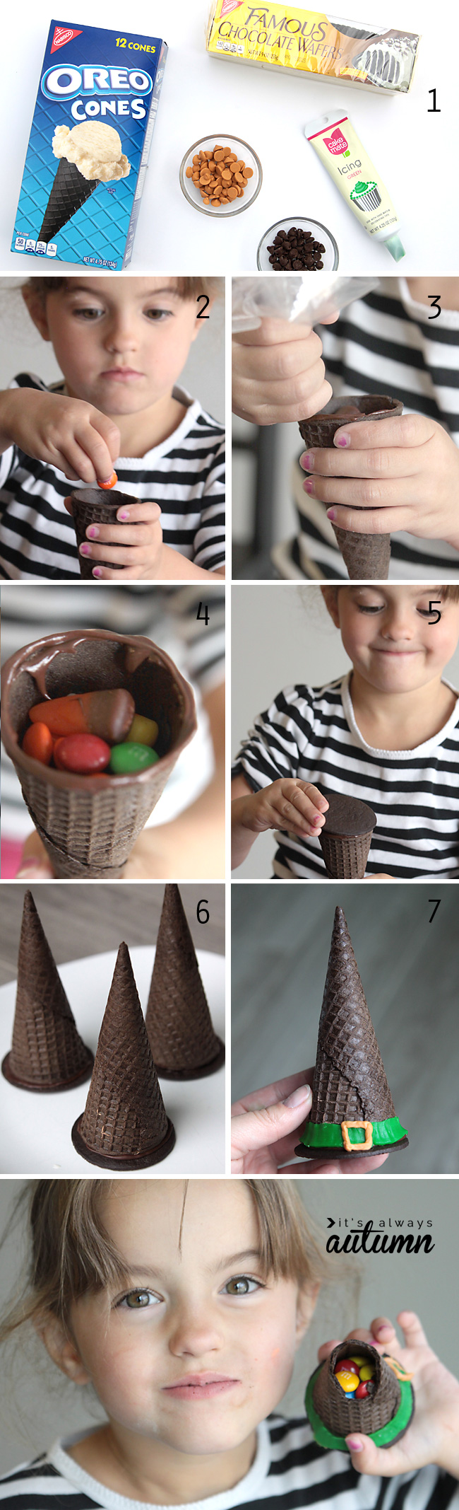 Making witch hat cookies with chocolate wafers and Oreo ice cream cones, filled with candy and glue together with melted chocolate