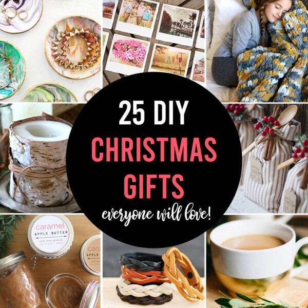 A collage photo of DIY Christmas gifts: ring dishes, blanket, photo magnets, etc.