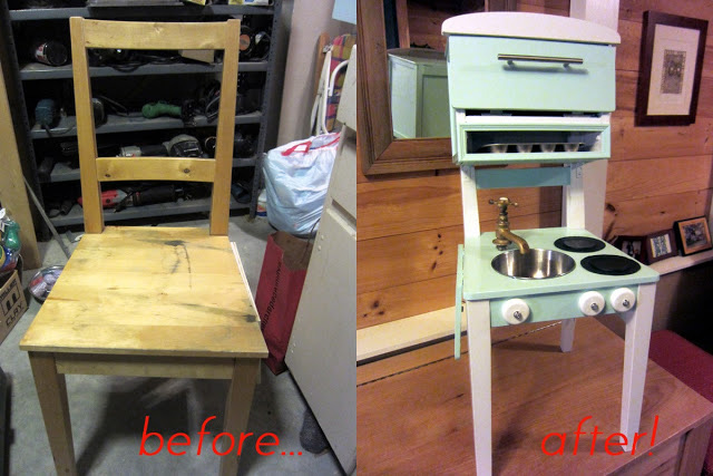 A wood chair turned into a toy kitchen