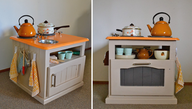 Thrifted nightstand painted to look like a toy kitchen