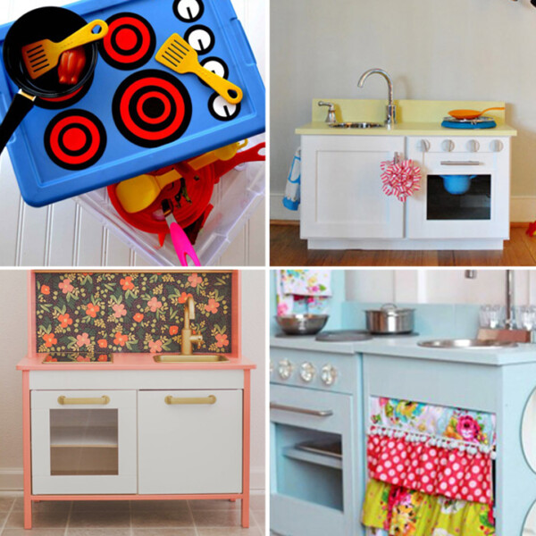 collage of DIY play kitchens for kids