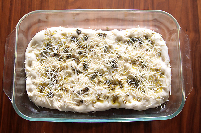 Bread dough in a 9x13 dish covered with oil, herbs, garlic, parmesan
