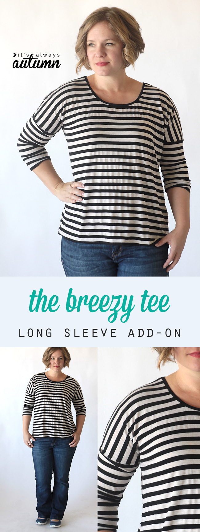 A woman wearing the breezy tee with long sleeves