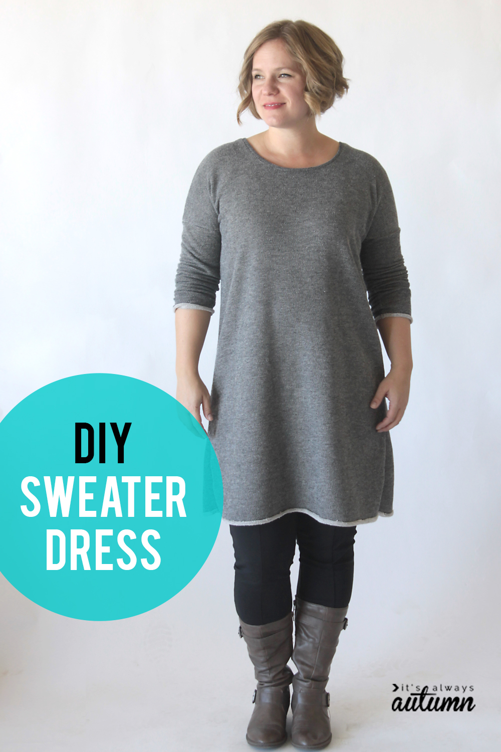 Make a cute and comfy DIY sweater dress with this easy sewing pattern.