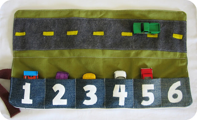 Toy car caddy sewn from fabric