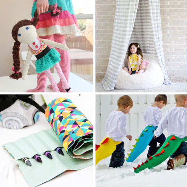 Collage of easy sewing projects for kids